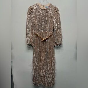 ANTONIO MELANI Pink and Gold Pleated Gown with Bateau Neckline